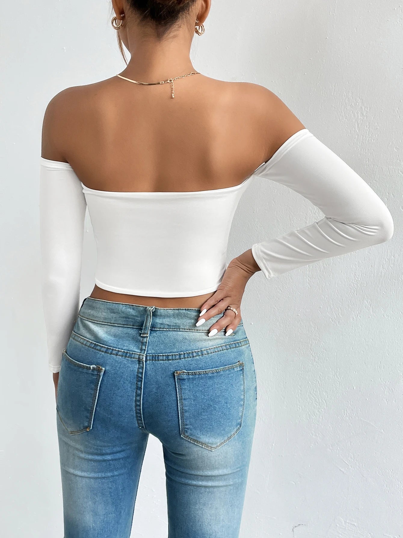 Off Shoulder Crop T-Shirt, Casual Long Sleeve Top For Spring & Summer