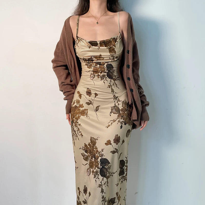 Elegant Vintage Strap Dress Retro Floral Print Ladies