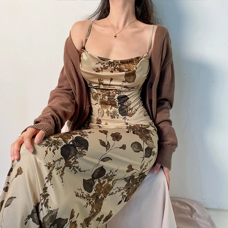 Elegant Vintage Strap Dress Retro Floral Print Ladies