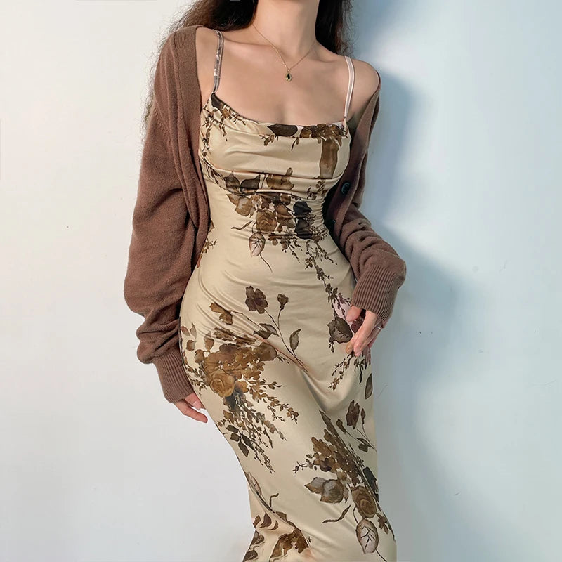 Elegant Vintage Strap Dress Retro Floral Print Ladies