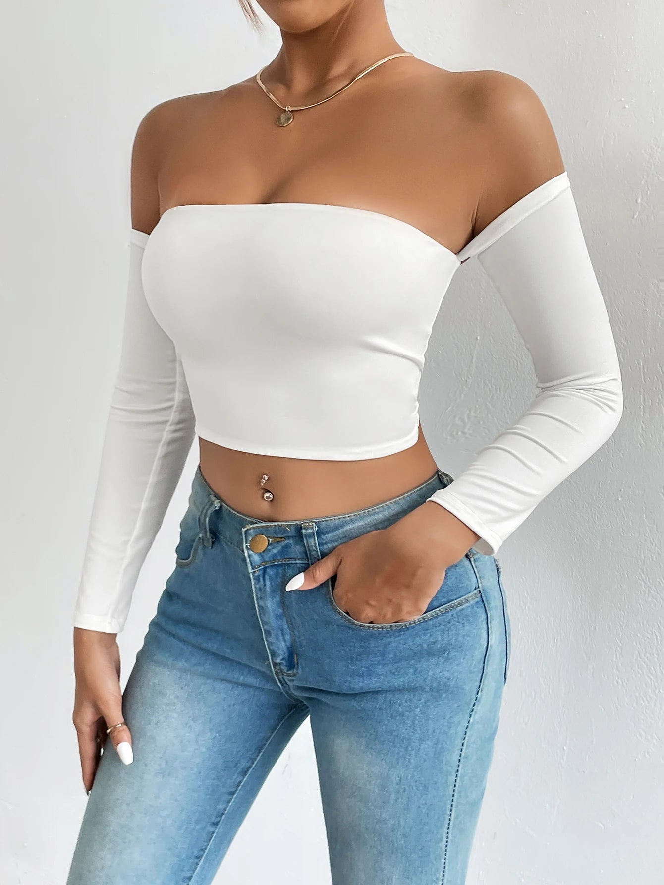 Off Shoulder Crop T-Shirt, Casual Long Sleeve Top For Spring & Summer