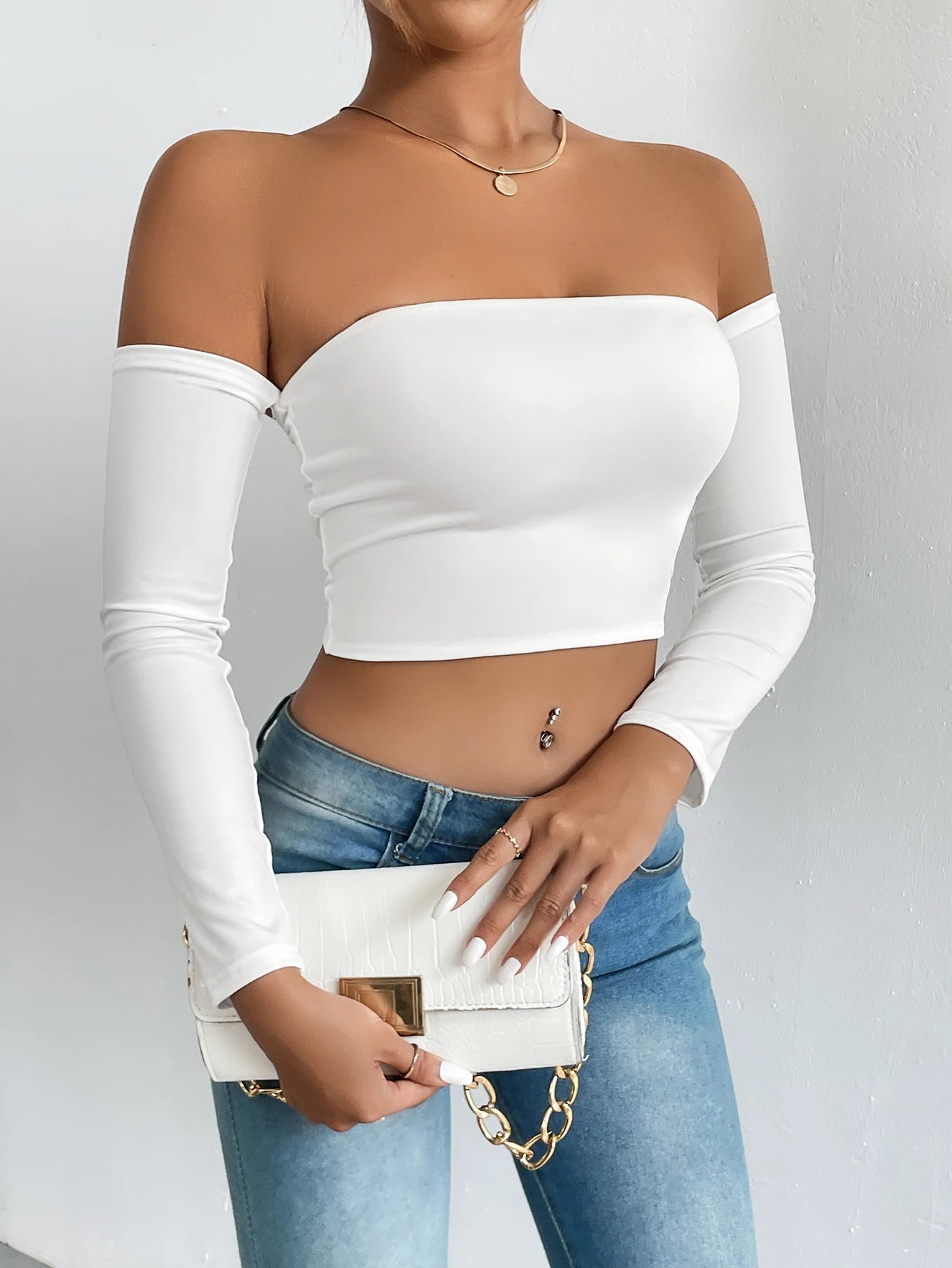 Off Shoulder Crop T-Shirt, Casual Long Sleeve Top For Spring & Summer