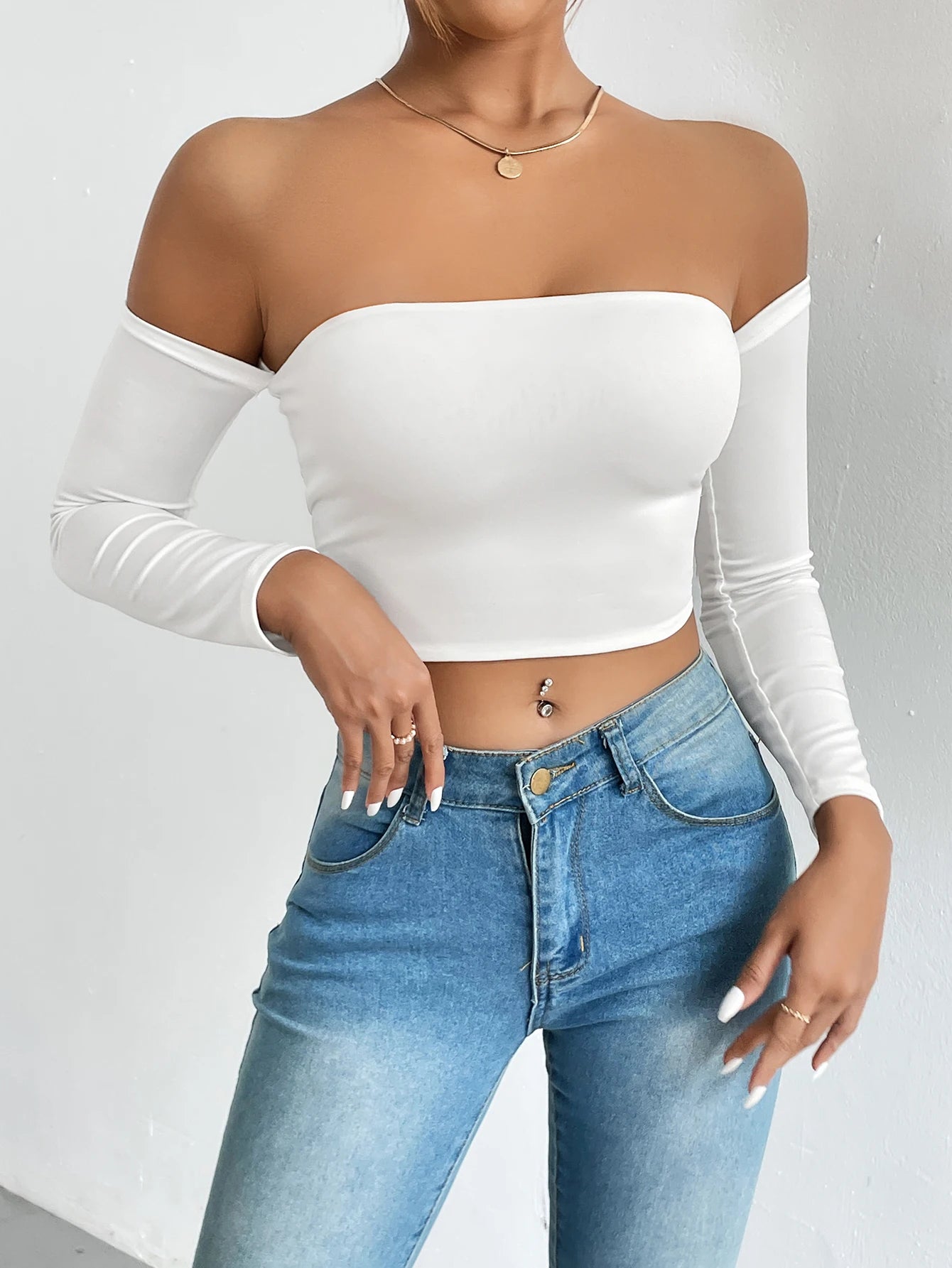 Off Shoulder Crop T-Shirt, Casual Long Sleeve Top For Spring & Summer