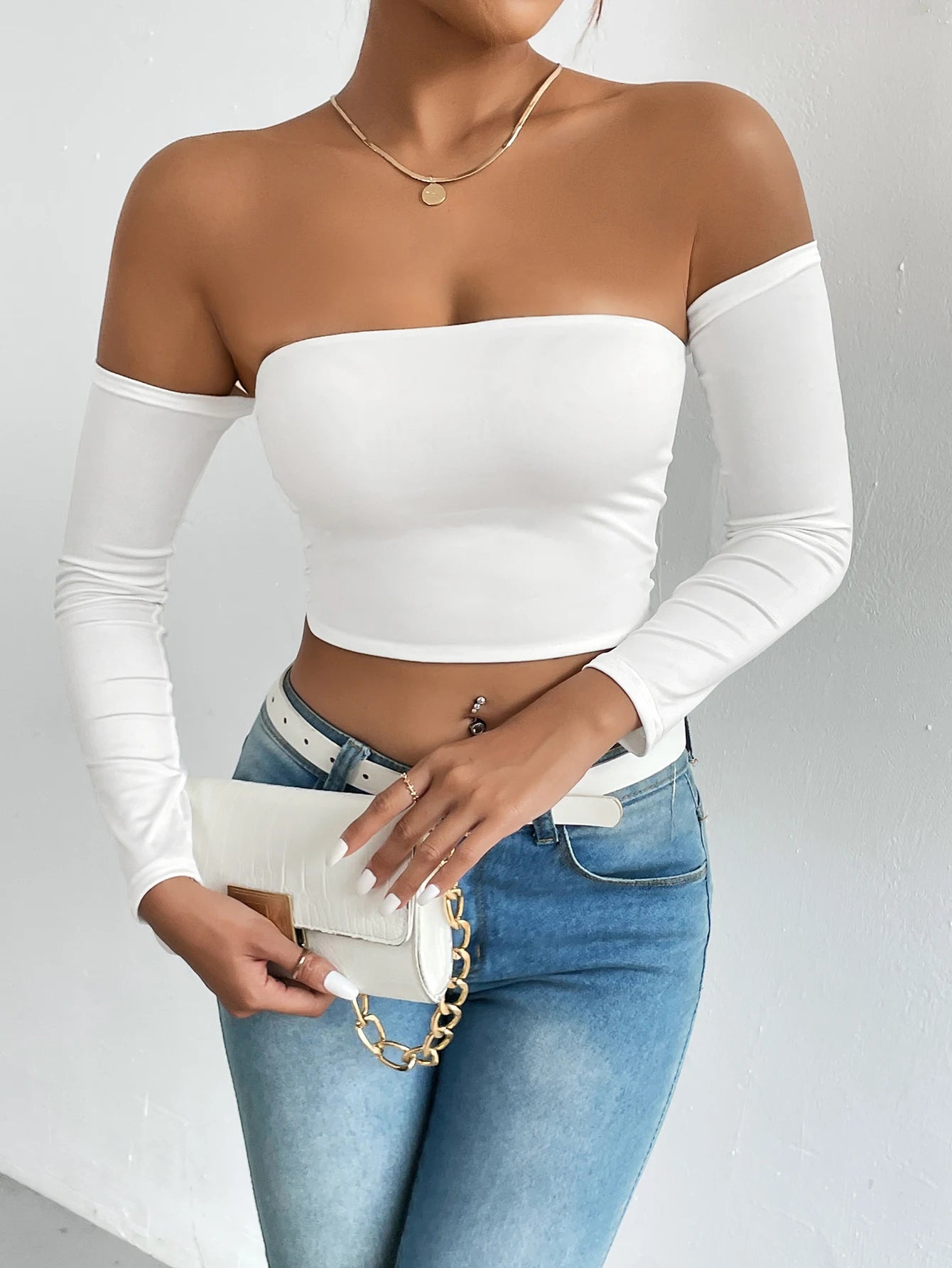 Off Shoulder Crop T-Shirt, Casual Long Sleeve Top For Spring & Summer